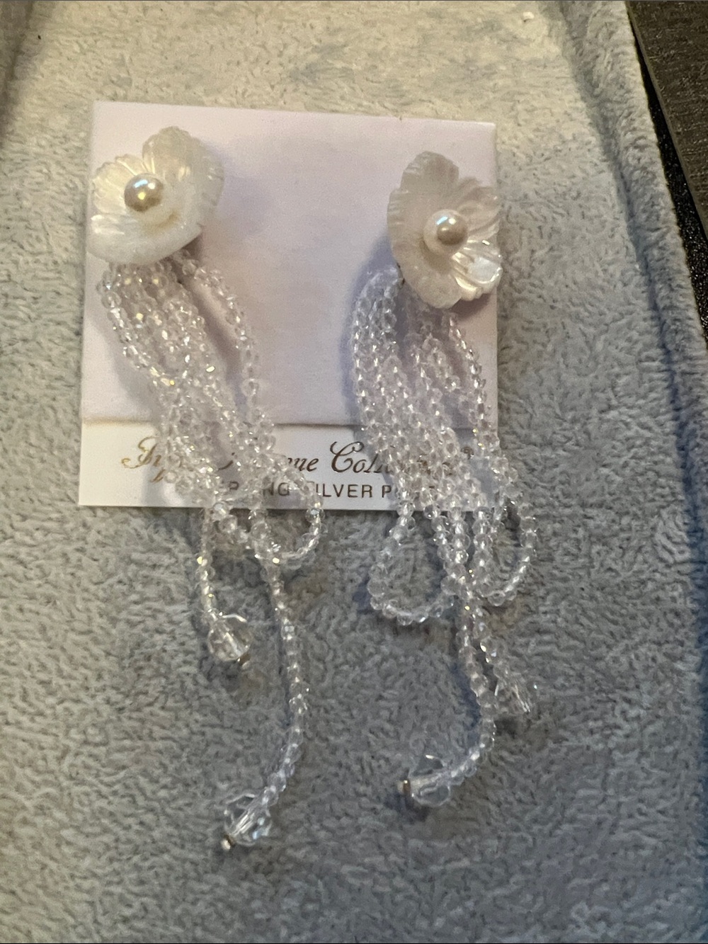 White Floral Pearl Drop Earrings with Clear Bead Tassels